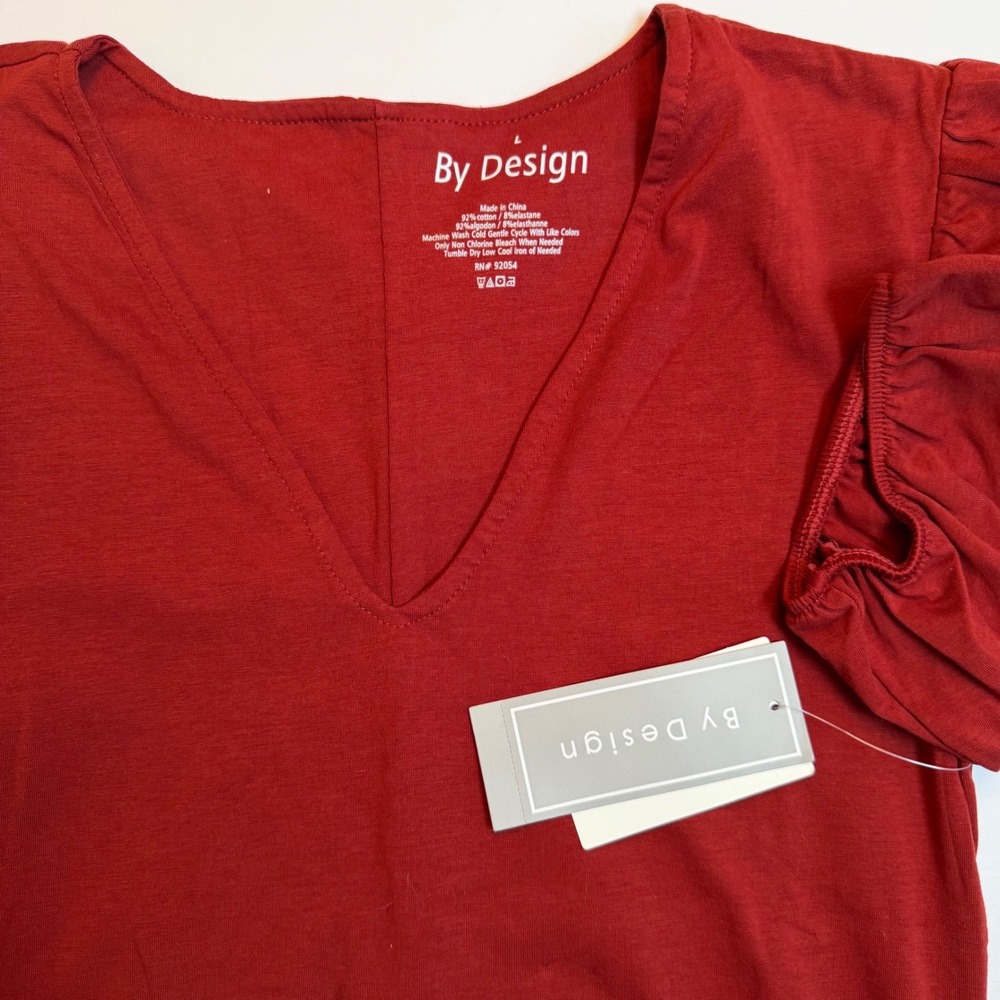 By Design Womens Puff‎ Short Sleeve V-Neck Bodysuit Red Cotton Stretch Large NWT